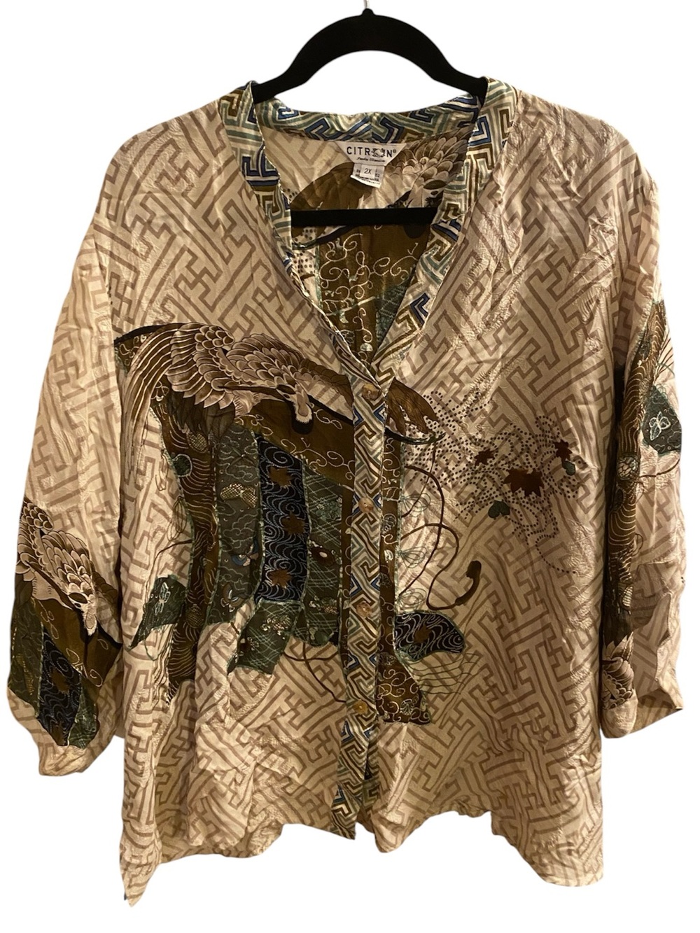 Citron~ Santa Monica
Beige and Olive Printed Button-Down Shirt
Size 2X
NWOT